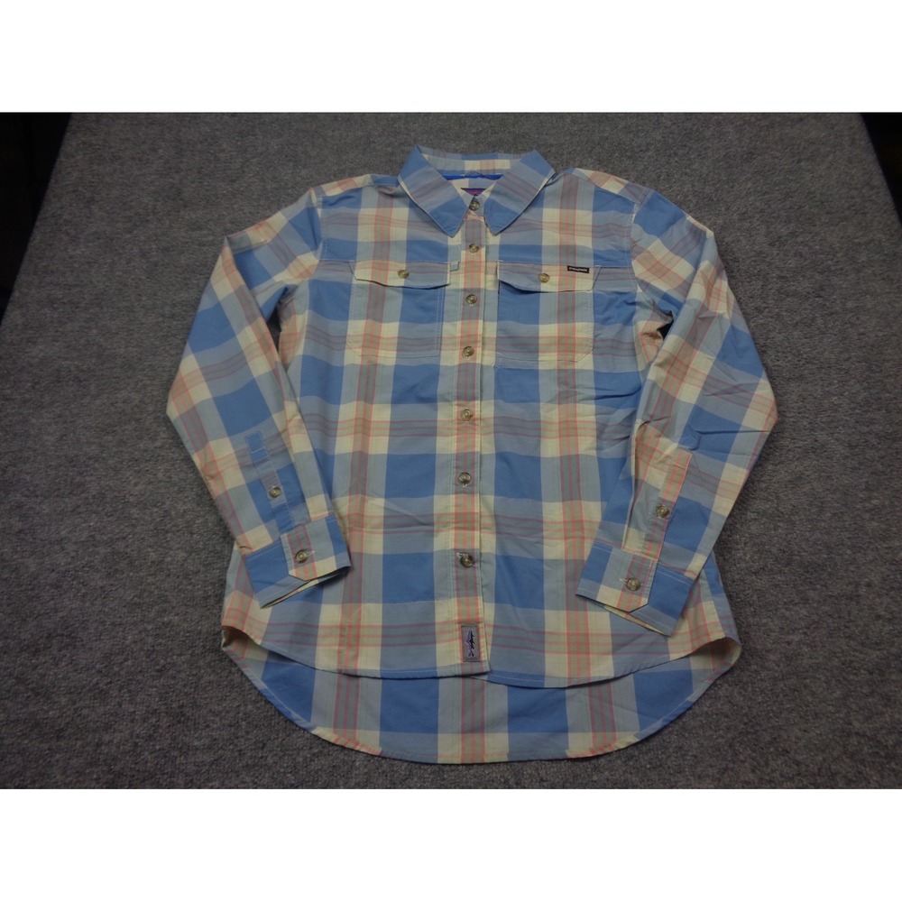 Patagonia Shirt Womens S Sun Stretch Blue Plaid Fish Hike Button Up 30 UPF
